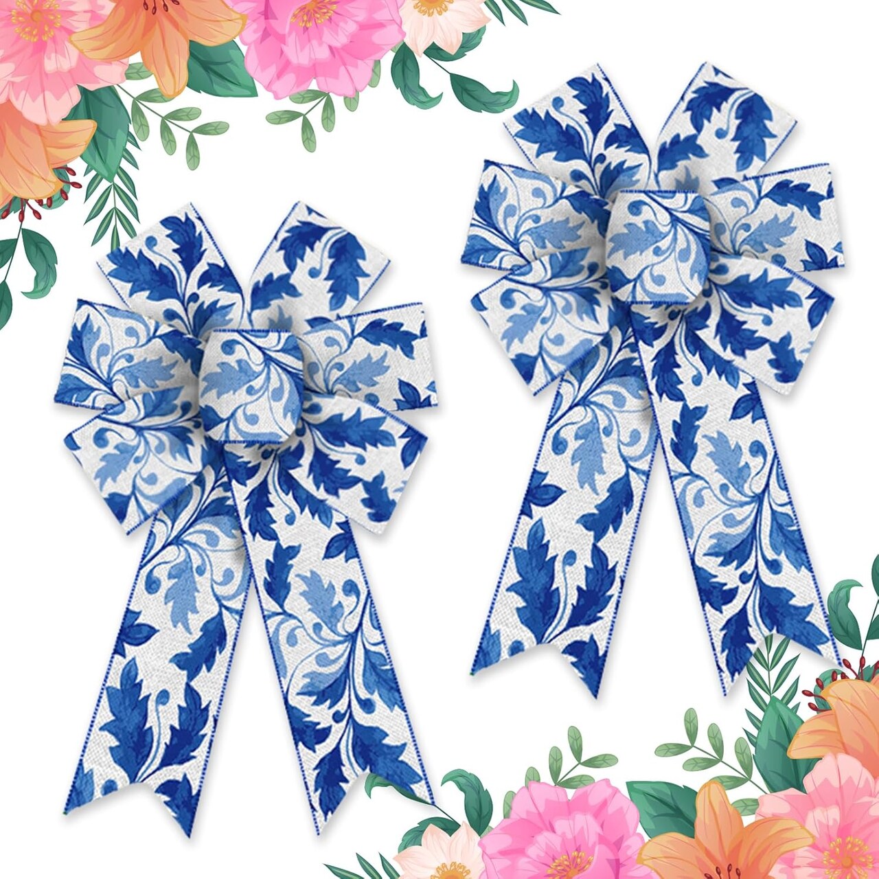 2 Pcs Spring Wreath Bows – Blue & White Floral Burlap Bows for Front Door Wreaths, Tree Toppers, Birthday Parties, and Indoor Outdoor Spring Decorations